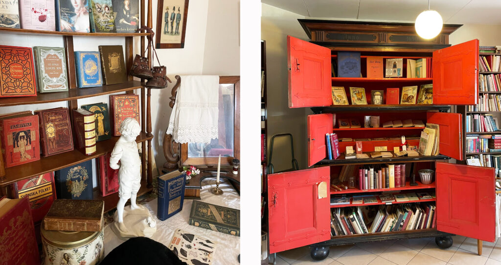 Två bilder från antikvariatets interiör med bland annat ett gammalt, vackert skåp som står öppet och visar Matilda Langlets böcker.